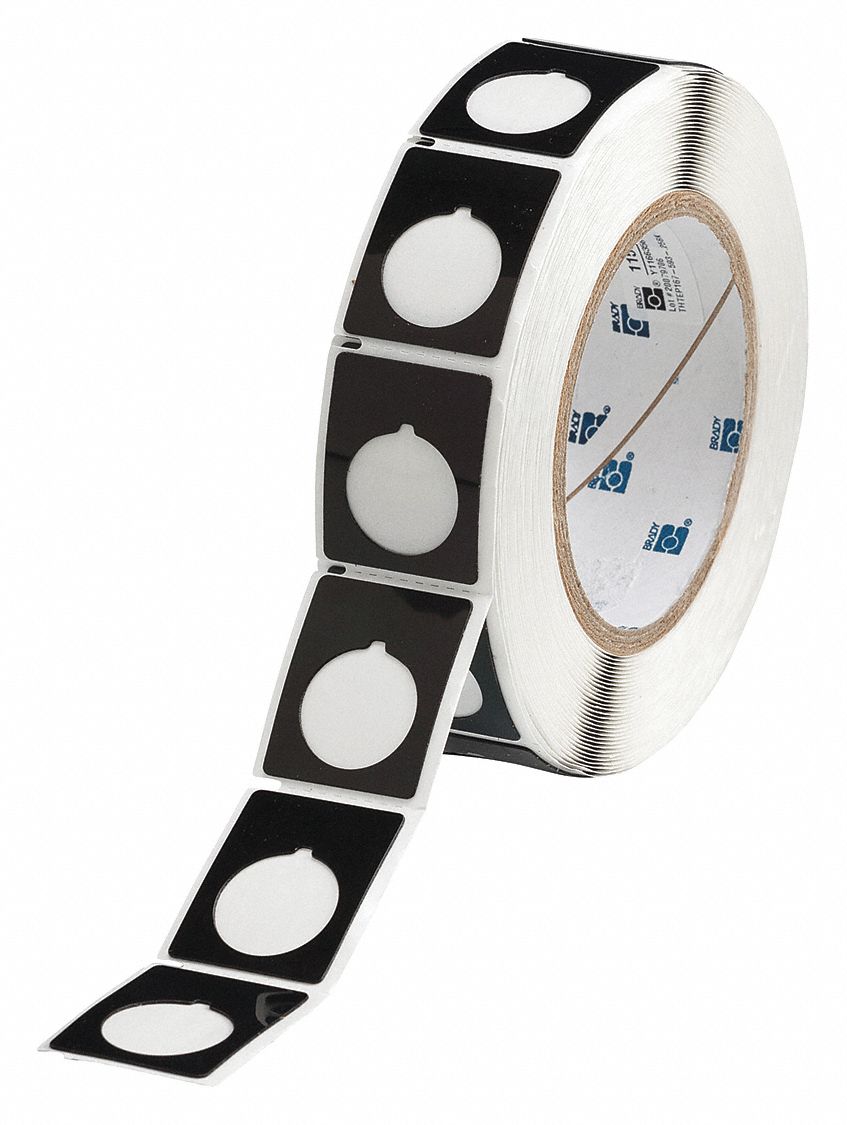 Pre-Cut Label Stock Roll: 1 1/2 in x 1 13/64 in, Polyester, Black (Gloss), 250 Labels per Roll