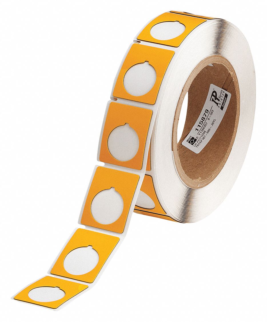 Pre-Cut Label Stock Roll: 1 1/2 in x 1 13/64 in, Polyester, Yellow (Gloss), 250 Labels per Roll
