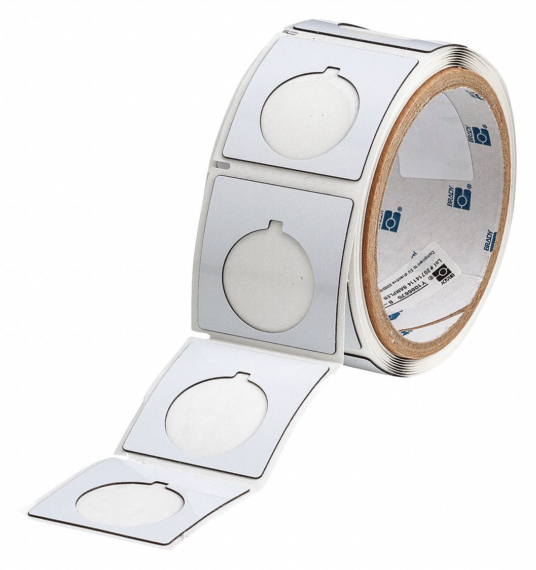 Pre-Cut Label Stock Roll: 1 51/64 in x 1 51/64 in, Polyester, White (Gloss), 250 Labels per Roll