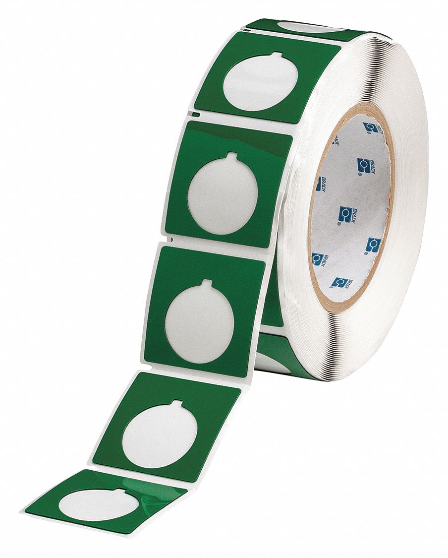 Pre-Cut Label Stock Roll: 1 51/64 in x 1 51/64 in, Polyester, Green (Gloss), 250 Labels per Roll