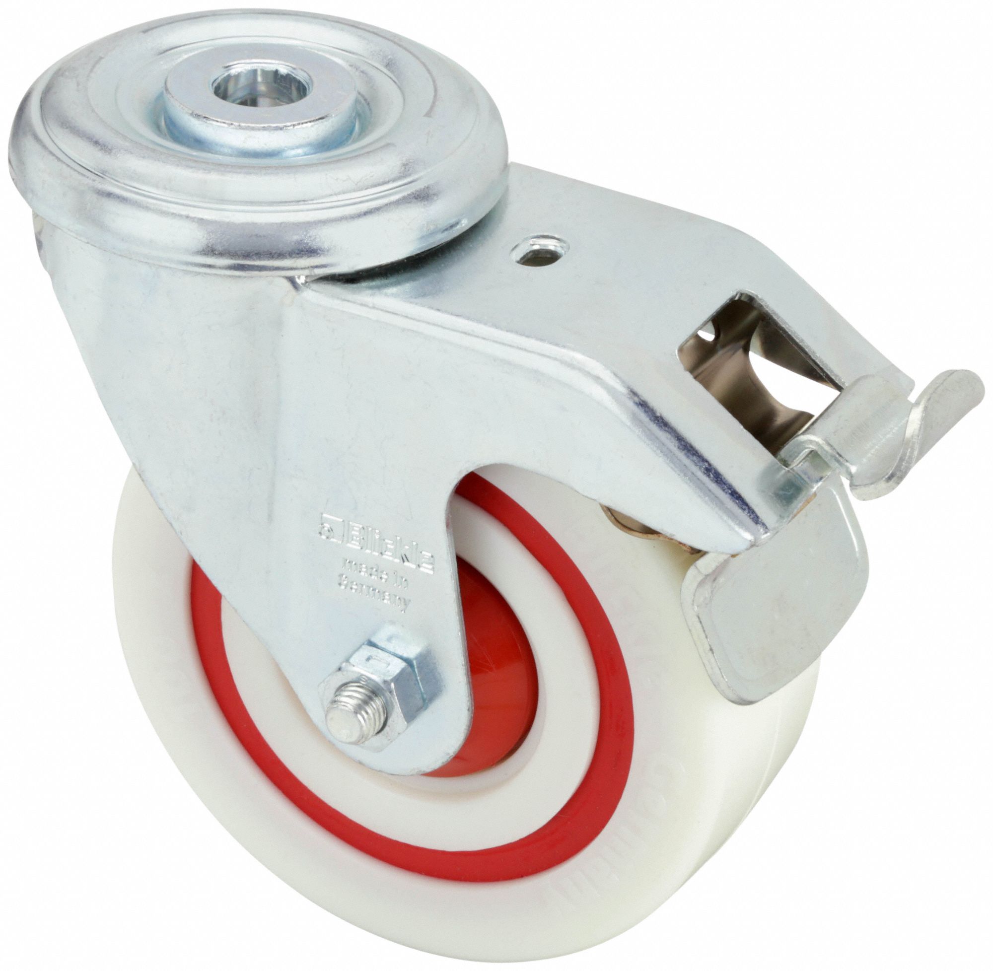 Bolt-Hole Caster: Swivel, Total Lock, Nylon, 3 7/8 in Wheel Dia., 1 3/8 in Wheel Wd