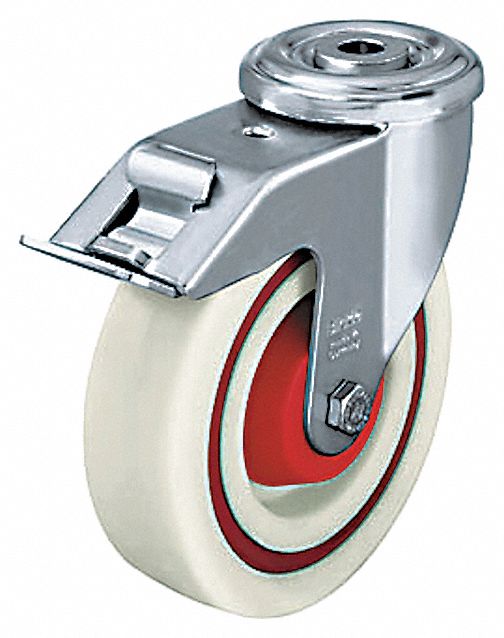 Bolt-Hole Caster: Swivel, Total Lock, Nylon, 4 7/8 in Wheel Dia., 1 3/8 in Wheel Wd