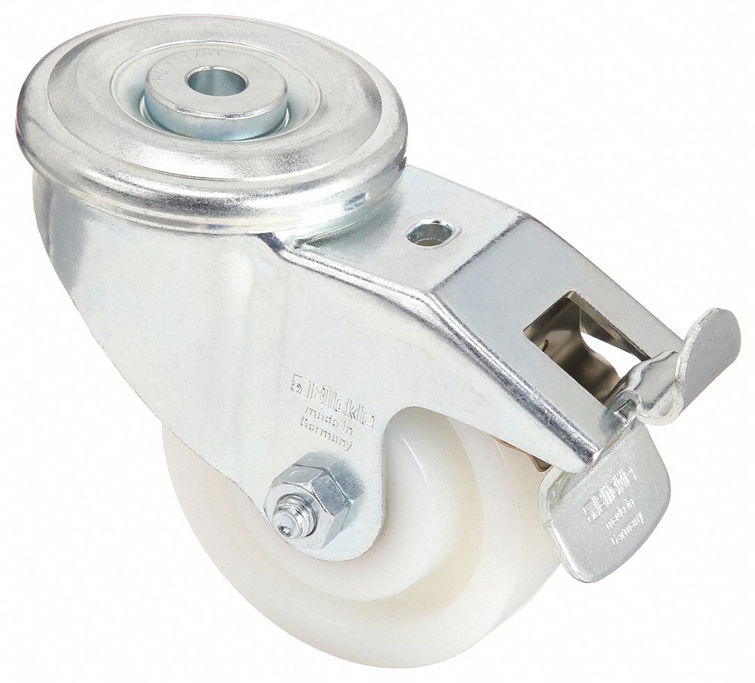 Bolt-Hole Caster: Swivel, Total Lock, Nylon, 3 7/8 in Wheel Dia., 1 1/2 in Wheel Wd