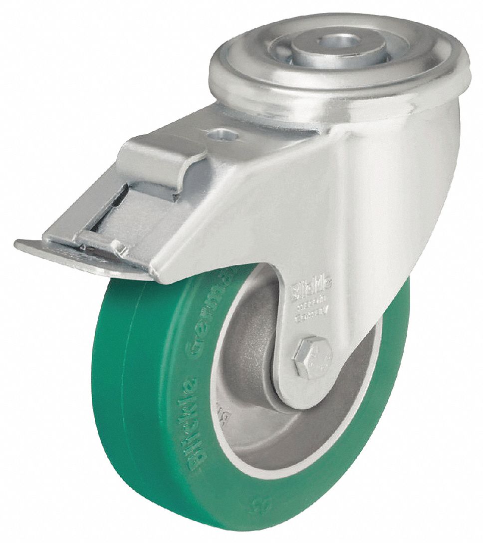 Bolt-Hole Caster: Swivel, Total Lock, Polyurethane, 4 7/8 in Wheel Dia., Aluminum