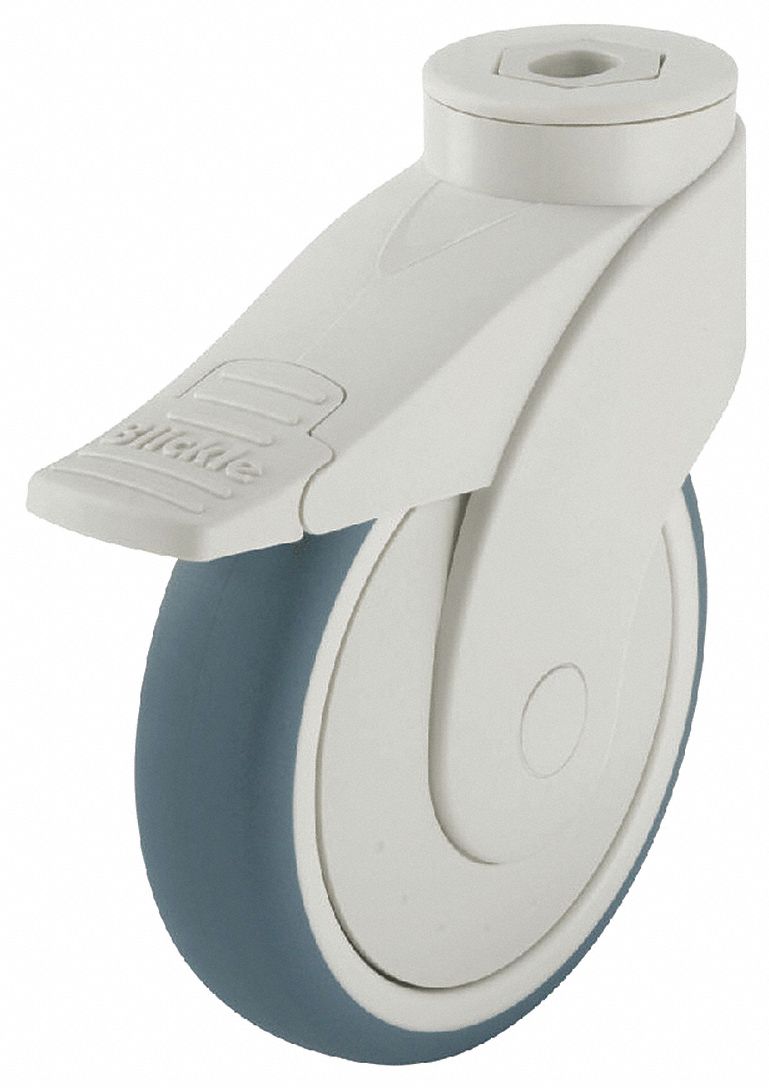 Bolt-Hole Caster: Swivel, Total Lock, Rubber, 3 7/8 in Wheel Dia., 1 1/4 in Wheel Wd