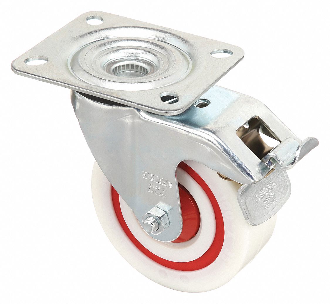 Plate Caster: Corrosion-Resistant, Swivel, 4 in Wheel Dia, 1 3/8 in Wheel Wd, Ball