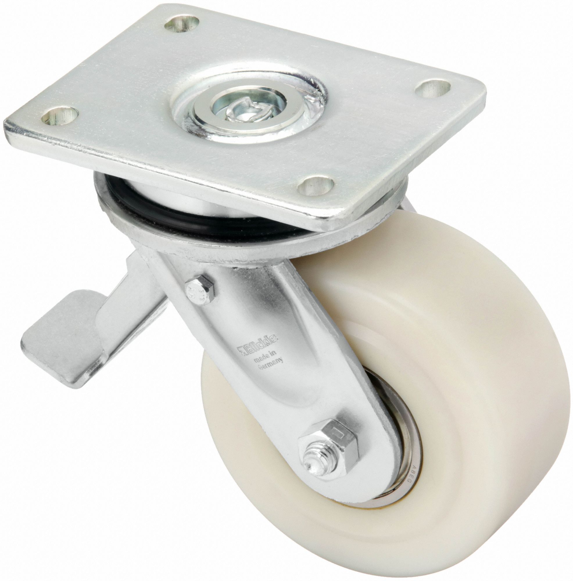 Plate Caster: Swivel, Total Lock, 4 in Wheel Dia, 2 3/16 in Wheel Wd, Slot, Ball