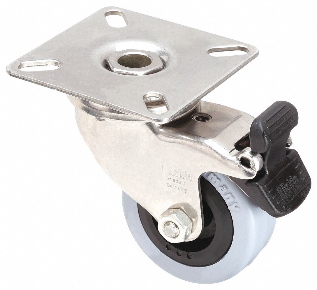 Plate Caster: Corrosion-Resistant, Swivel, Rubber, 2 in Wheel Dia, 11/16 in Wheel Wd
