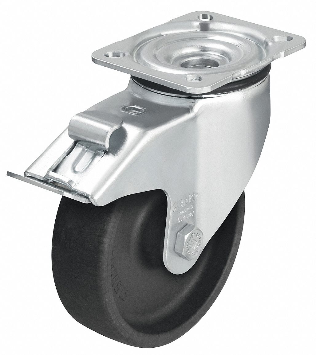 Plate Caster: Corrosion-Resistant, Swivel, 5 in Wheel Dia, 1 9/16 in Wheel Wd, Plain