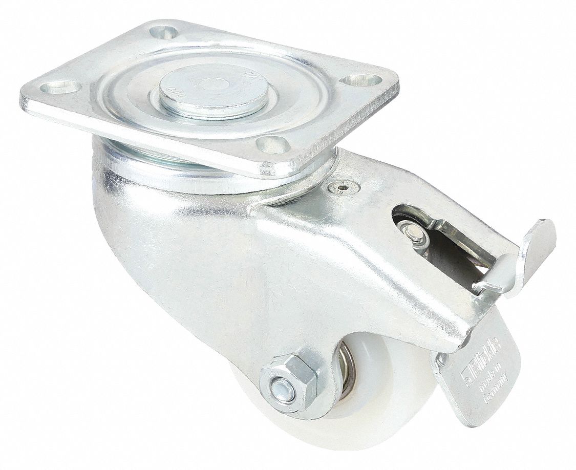 Plate Caster: Swivel, Total Lock, 3 in Wheel Dia, 1 1/4 in Wheel Wd, Hole, Rectangle