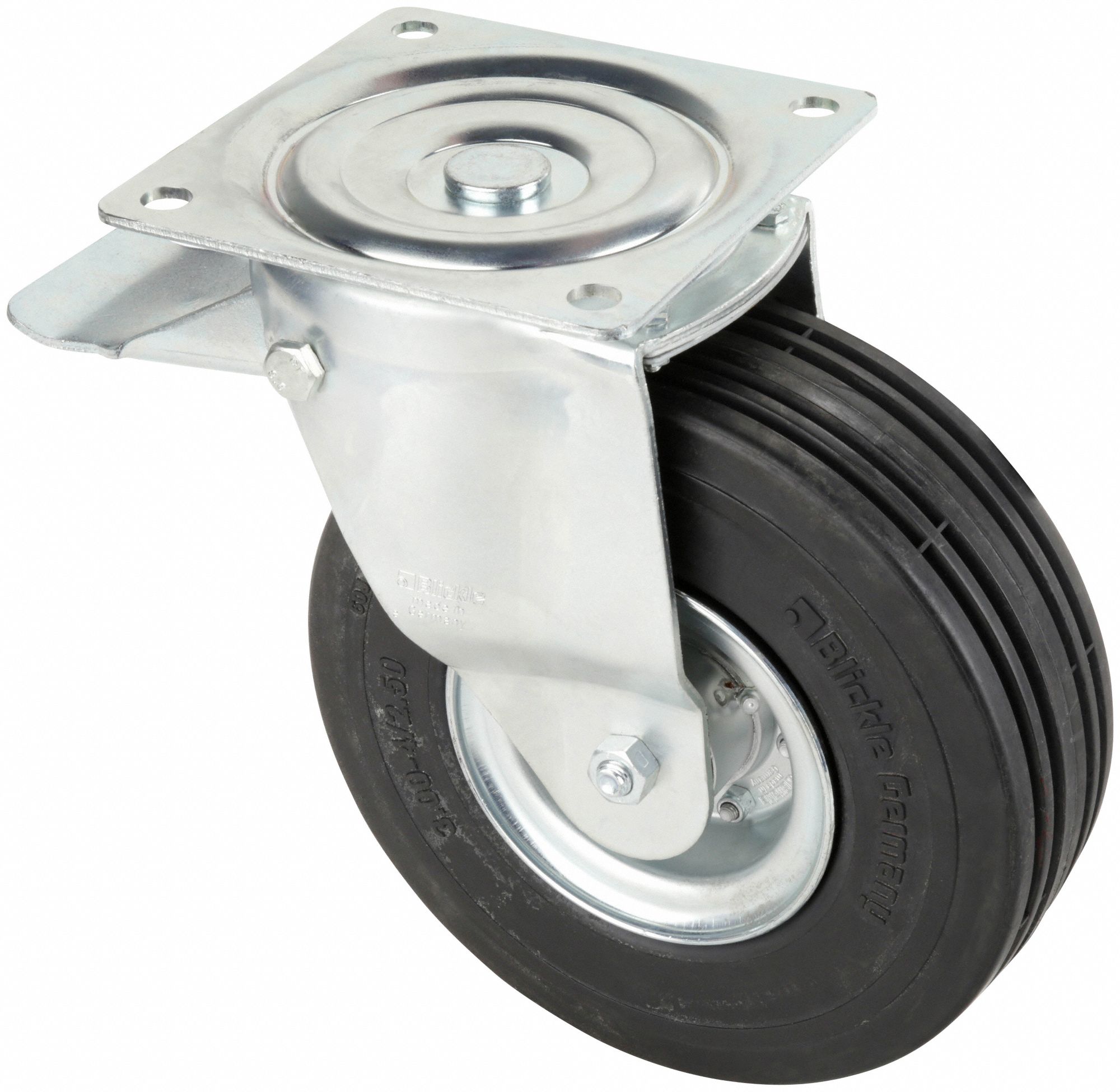 Plate Caster: Swivel, Steel, 10 in Wheel Dia., 3 3/8 in Wheel Wd, Hole, Square, Ball