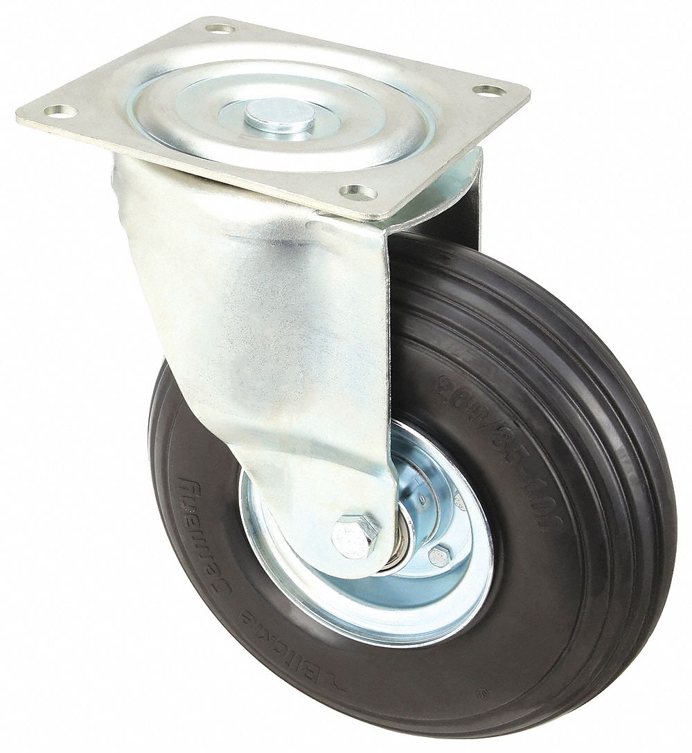 Plate Caster: Swivel, Steel, 10 1/4 in Wheel Dia., 3 3/8 in Wheel Wd, Hole, Square