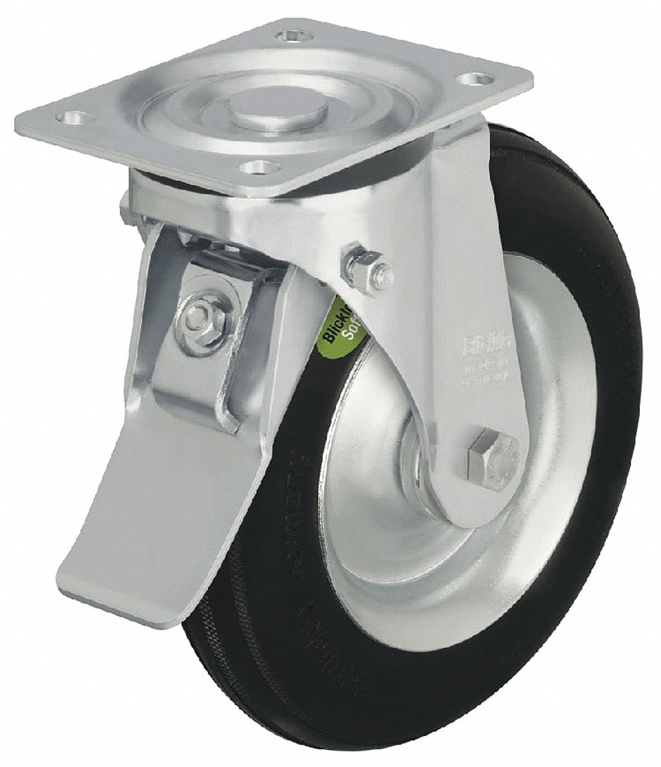 Plate Caster: Swivel, Steel, 10 1/4 in Wheel Dia., 3 3/8 in Wheel Wd, Hole, Square