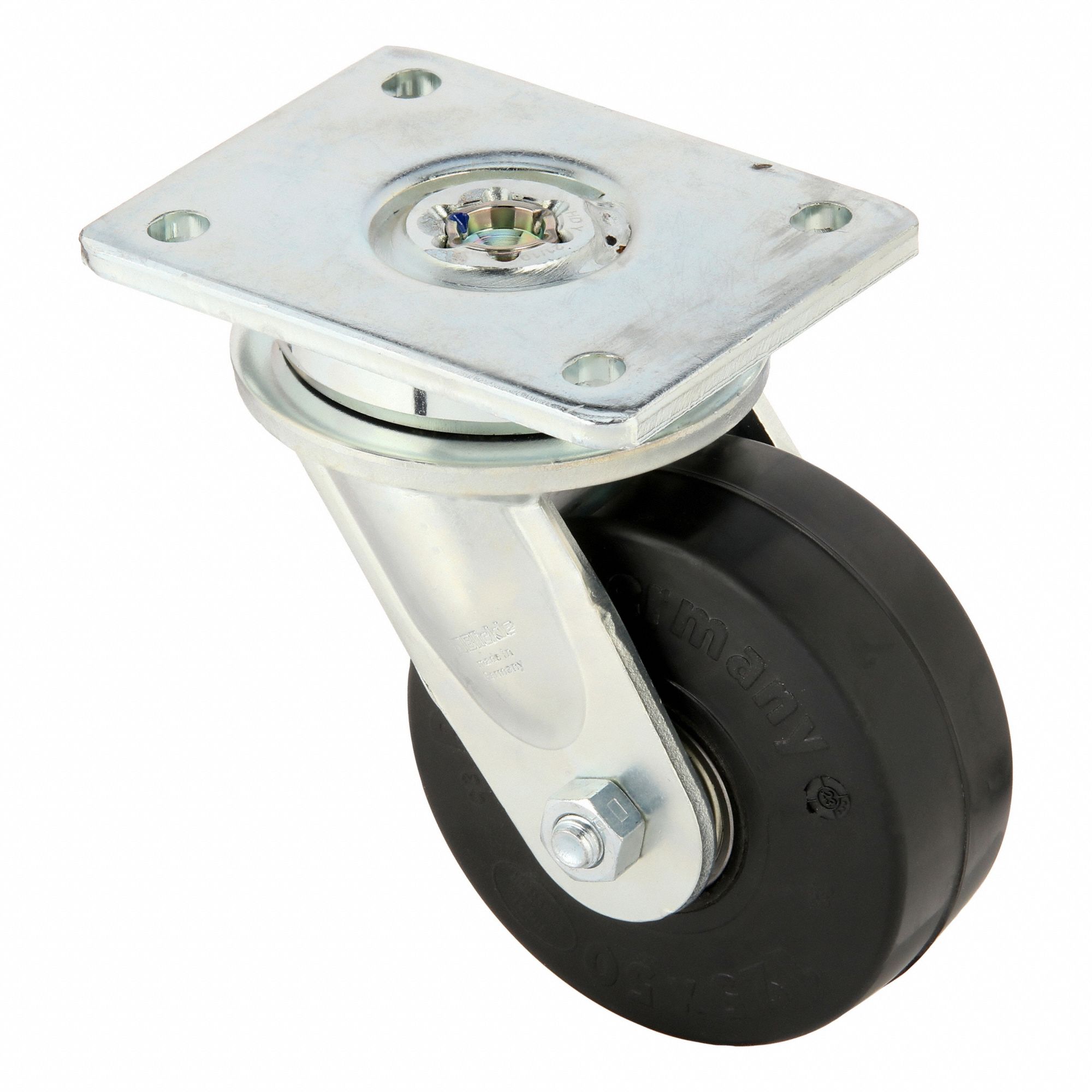 Plate Caster: Swivel, No Brake, Rubber, 5 in Wheel Dia, 2 1/16 in Wheel Wd, Slot