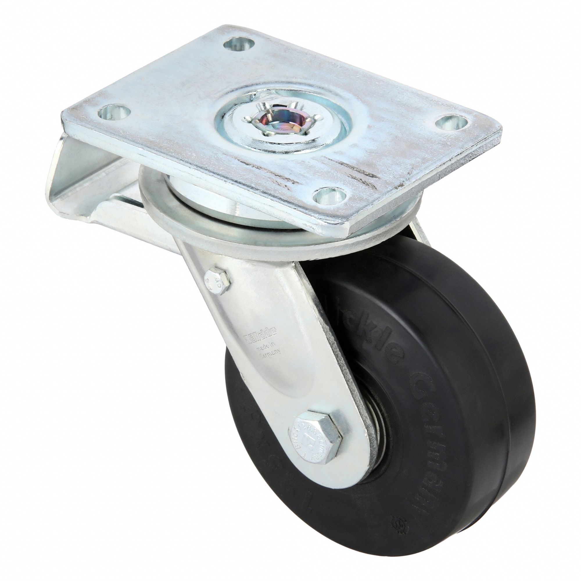 Plate Caster: Swivel, Total Lock, Rubber, 5 in Wheel Dia, 2 1/16 in Wheel Wd, Slot