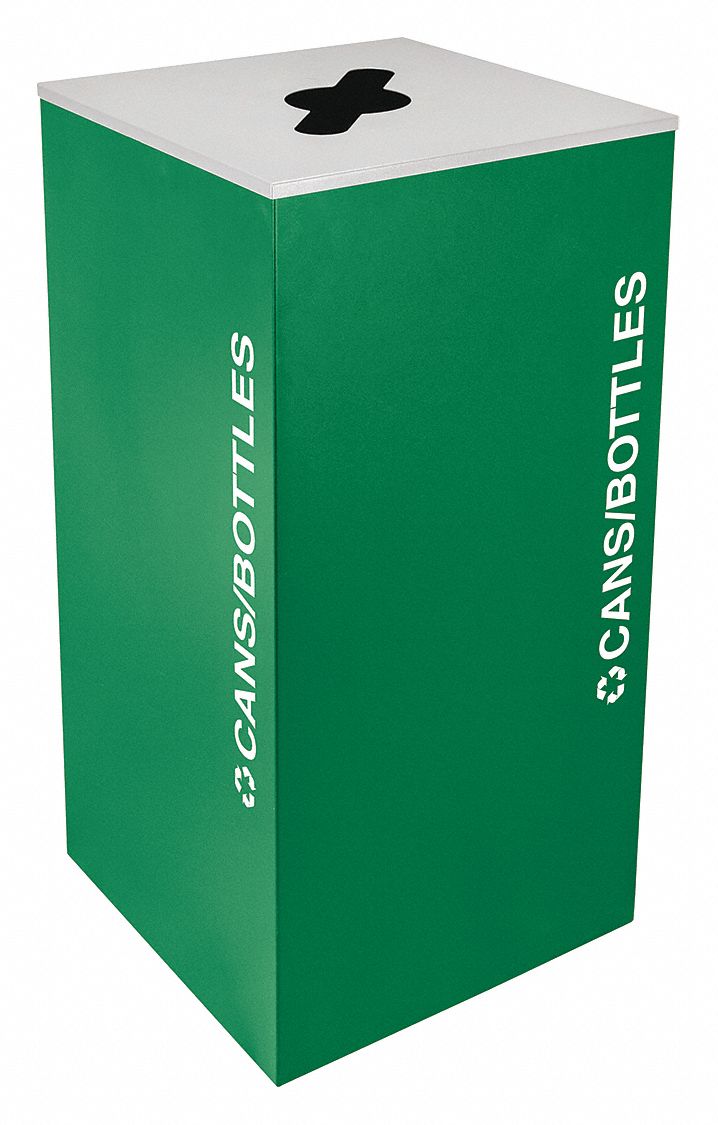 Recycling Can: Square, Steel, Bottles/Cans, Green, 36 gal Capacity, 18 1/2 in Wd/Dia