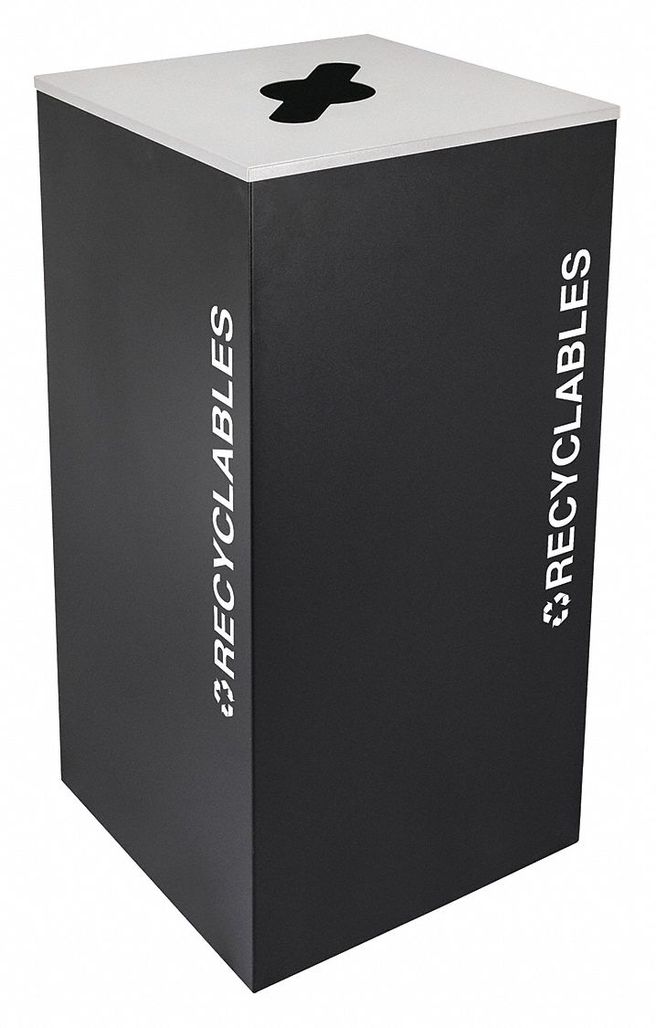 Recycling Can: Steel, 36 gal Container Capacity, Flat with Top Opening Top, Black
