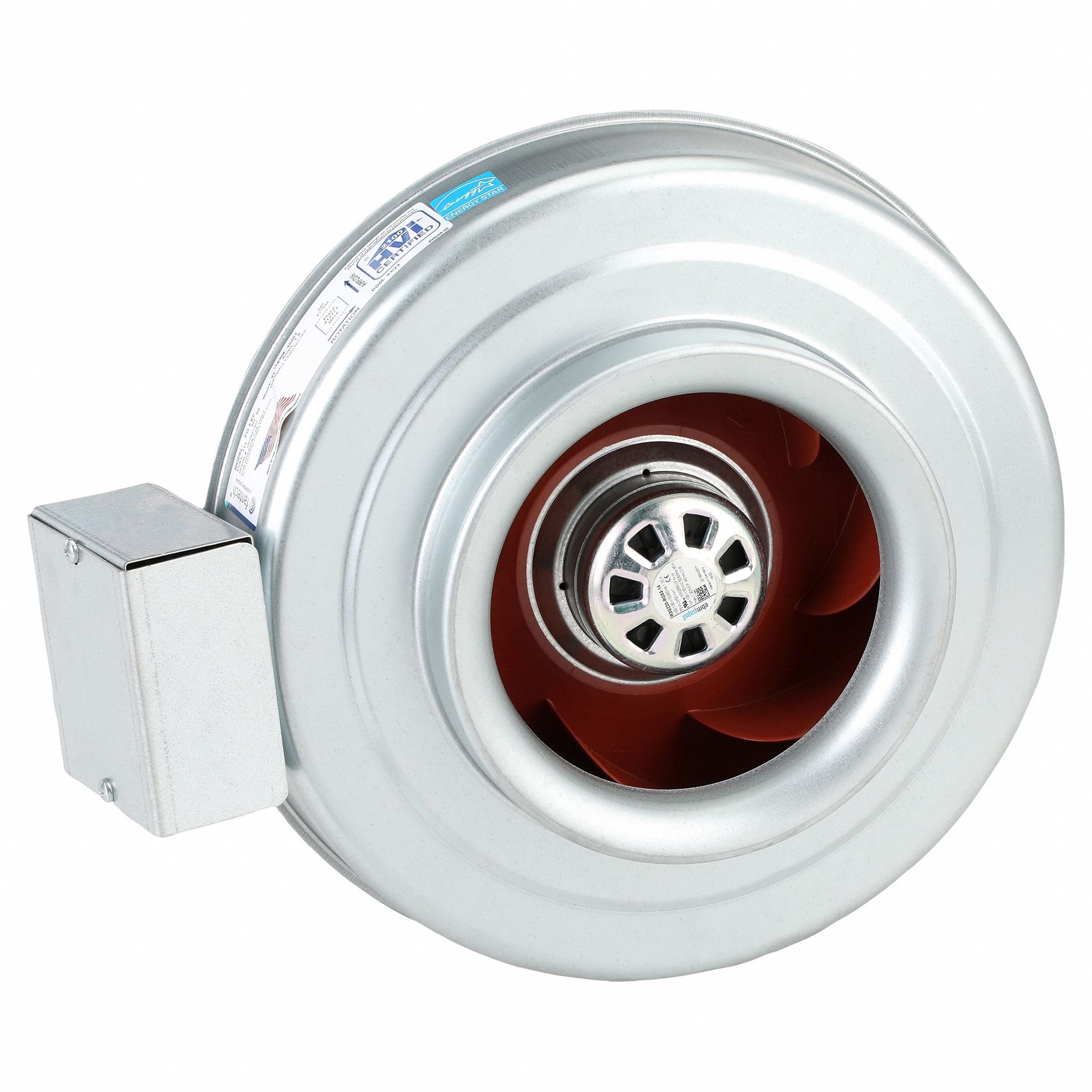 In-Line Duct Fan: 428 cfm Max., 8 in Duct, 71 W, 120V AC, 1 Ph, IP44, Galvanized Steel