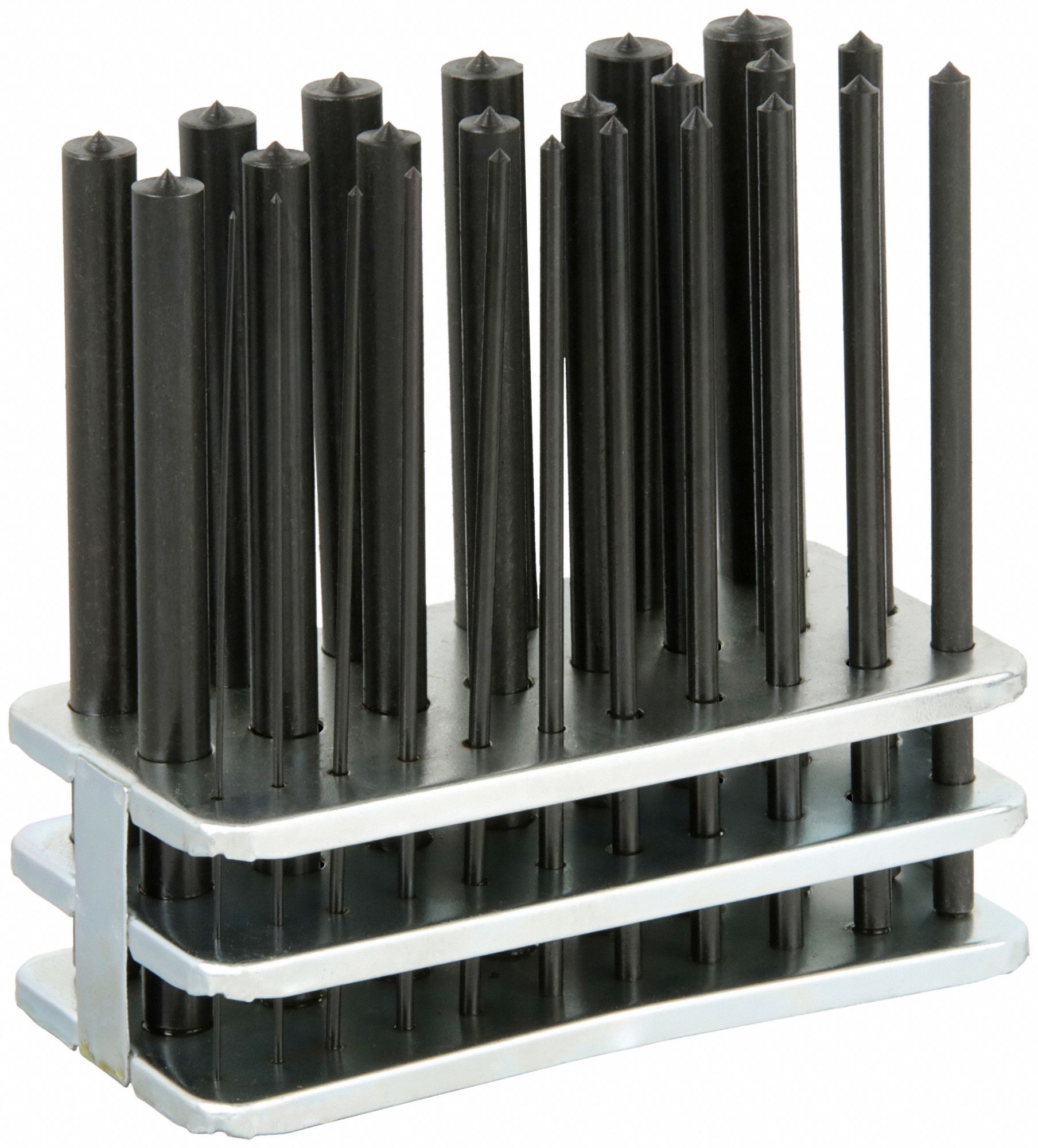 TRANSFER PUNCH SET, 25 PIECES, PLAIN GRIP, BOX, METAL STAND, 1 TO 13 MM