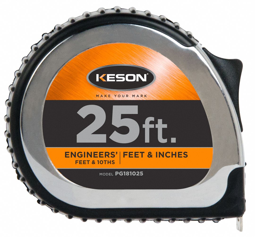 KESON 25 ft Steel Engineers Engineers Tape Measure, Black, Chrome 22N856PG181025 Grainger