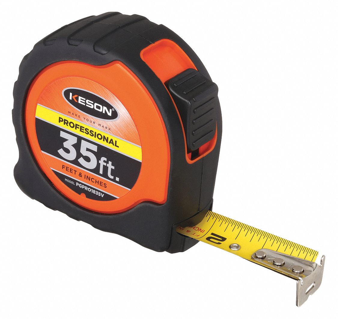 Tape Measure: Nonmagnetic Single Hook Tip, 35 ft, Plastic with Rubberized Grip