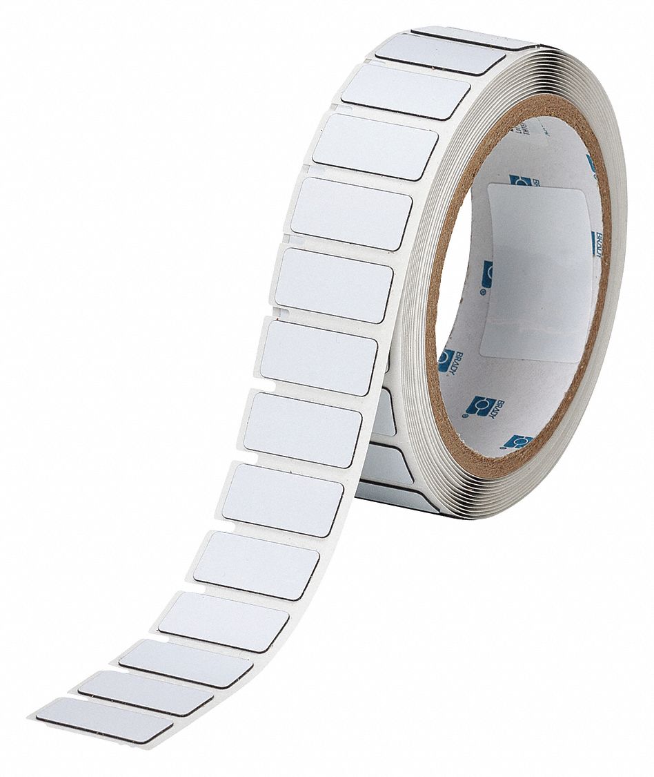 Pre-Cut Label Stock Roll: 31/64 in x 1 19/32 in, Polyester, White (Gloss), 250 Labels per Roll