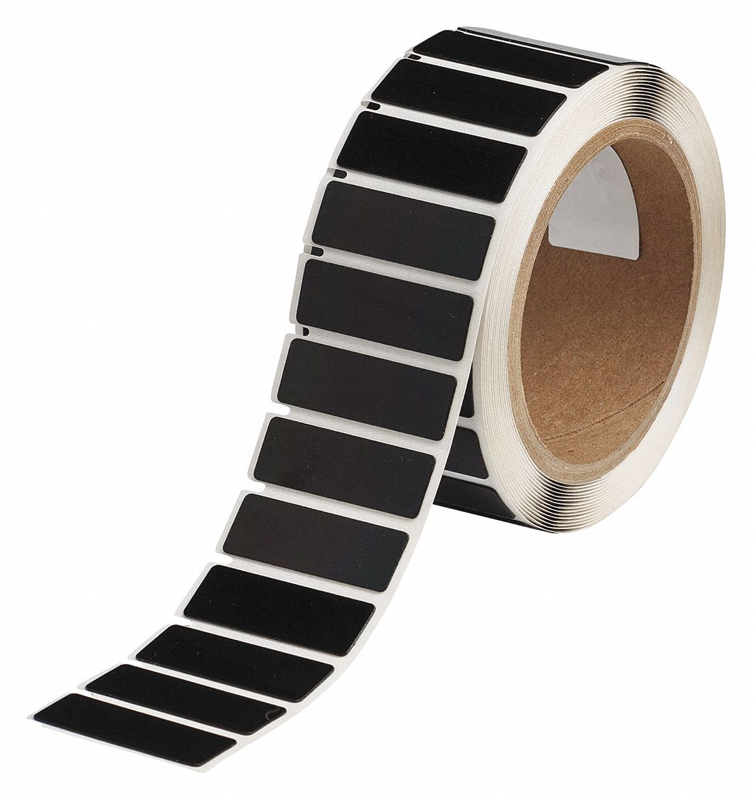 Pre-Cut Label Stock Roll: 19/32 in x 1 49/64 in, Polyester, Black (Gloss), 250 Labels per Roll