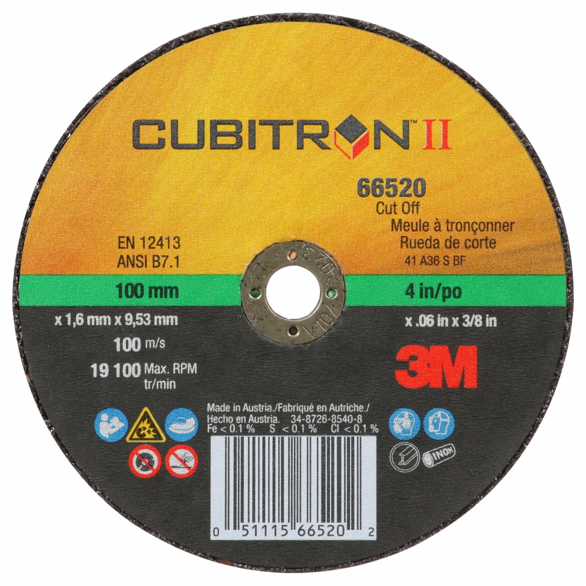 Abrasive Cut-Off Wheel: Type 1, 4" x 0.06" x 3/8", Ceramic, 36 Grit