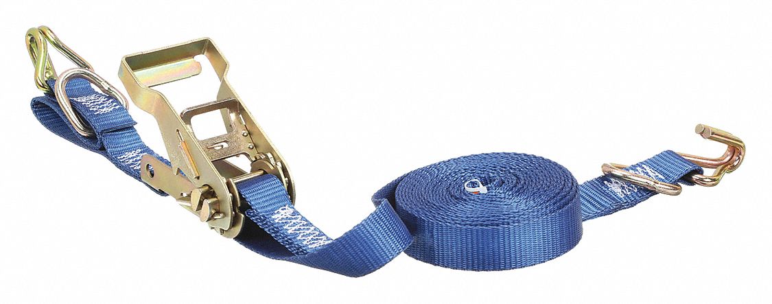 TIE DOWN STRAP, RATCHET, WIRE-HOOK, GEN PURPOSE, 1 IN W, 835 LB WLL, BLUE, 12 FT L