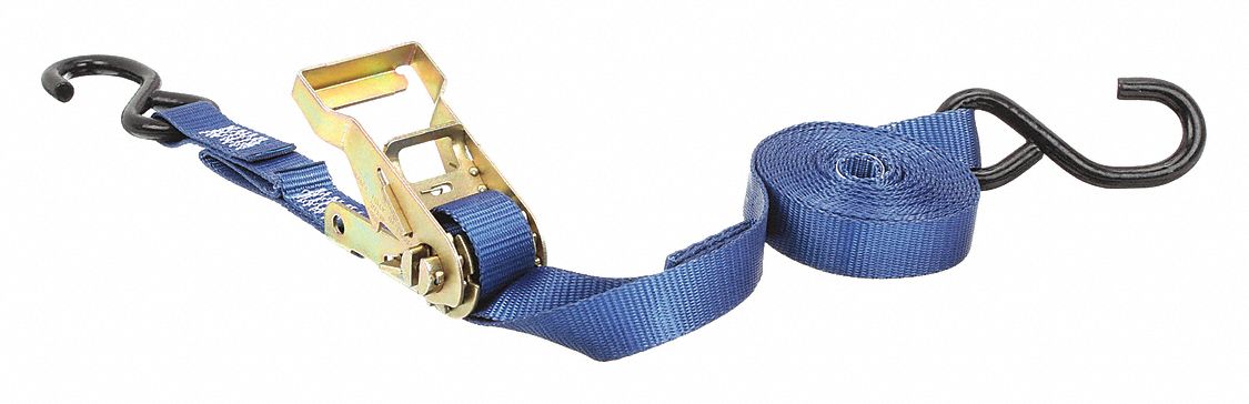 TIE DOWN STRAP, RATCHET, S-HOOK, GEN PURPOSE, 1 IN W, 500 LB WLL, BLUE, 15 FT L