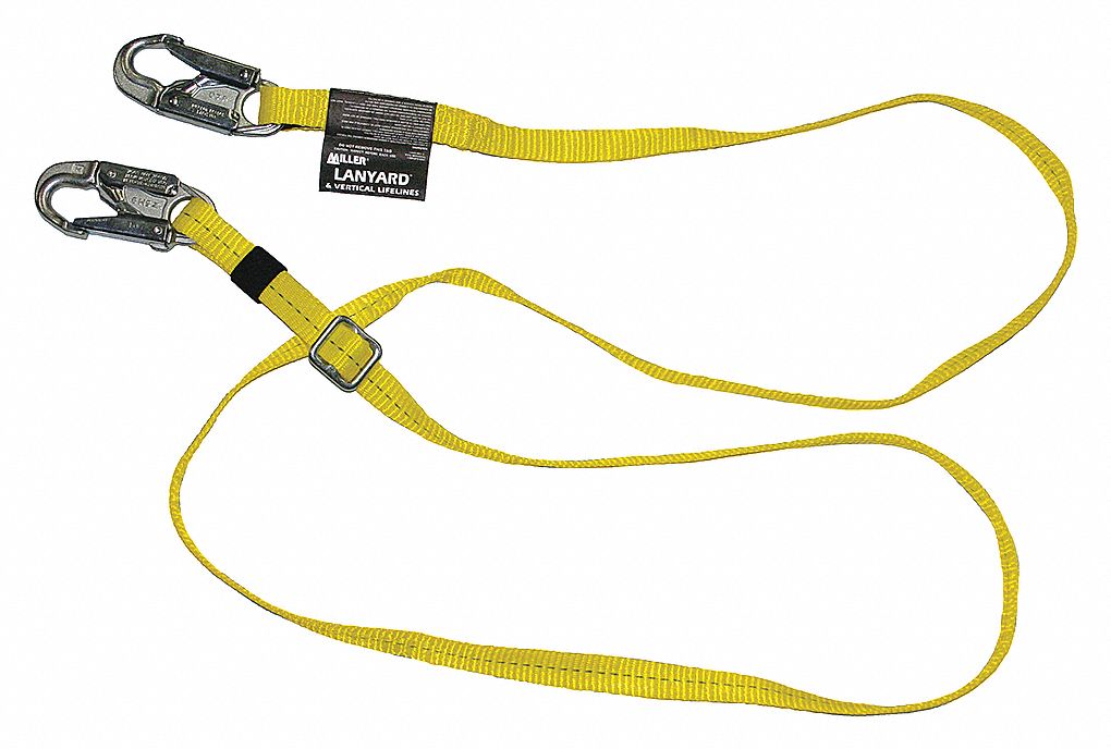 ADJUSTABLE POSITIONING LANYARD, 1 LEG, WITH LOCKING SNAP, WEIGHT CAP 310 LBS, YELLOW, STEEL HARDWARE