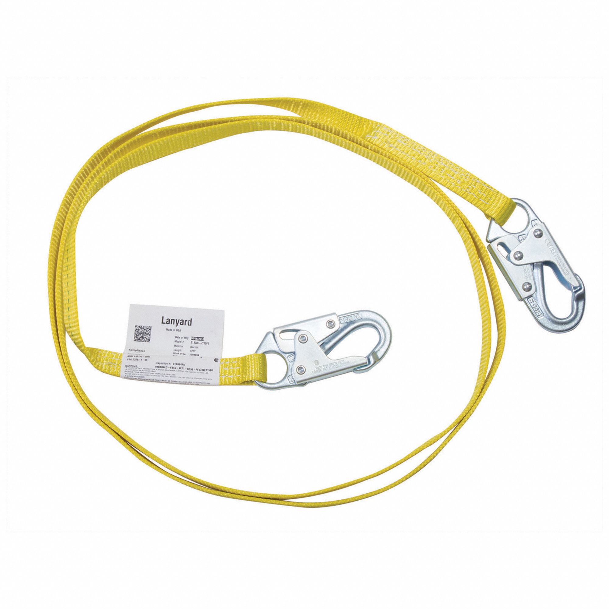 LANYARD, WEIGHT CAP 310 LBS, YELLOW, 1 IN DIA, STEEL