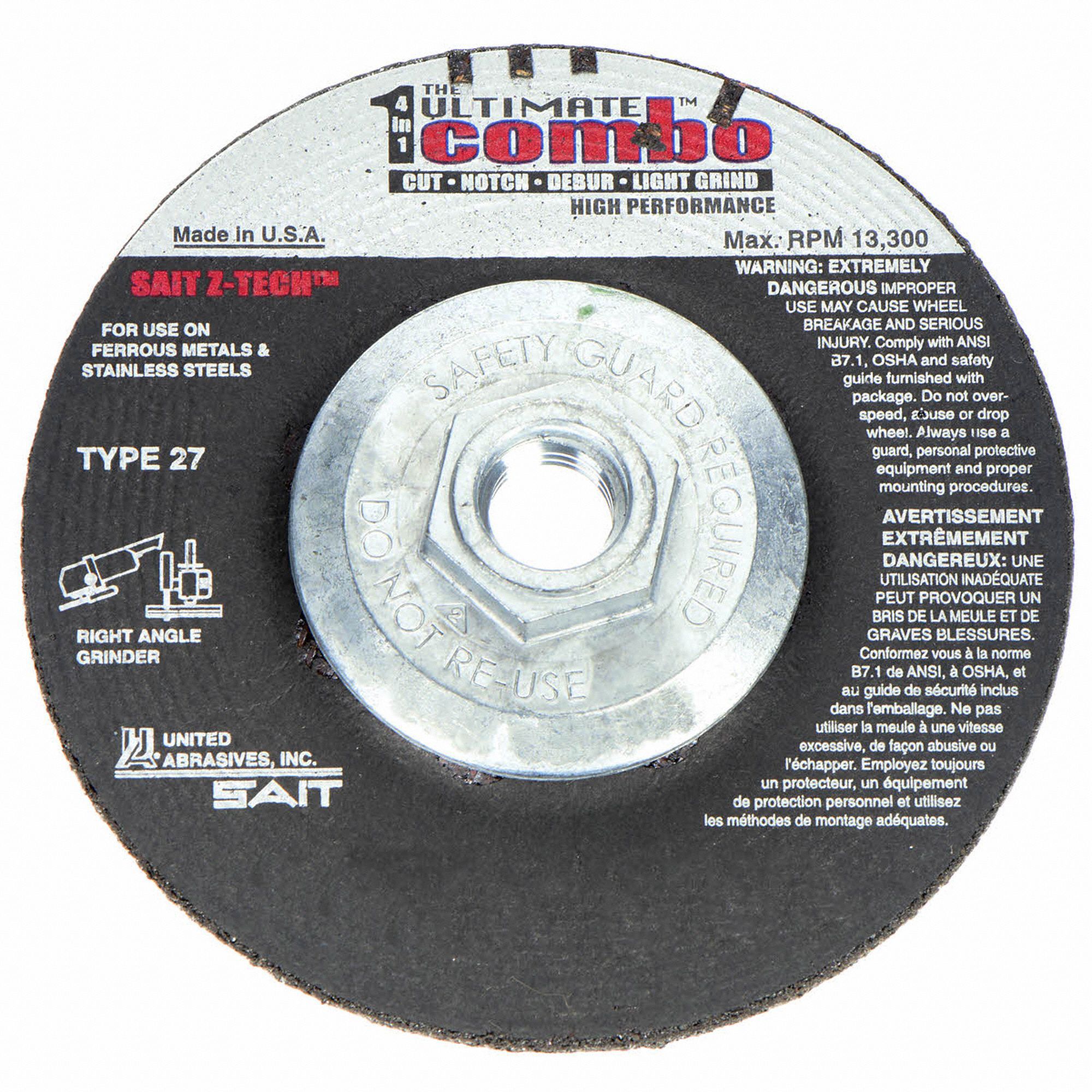 Depressed Center Cut-Off Wheel: Type 27, 4 1/2" x 0.095" x 5/8"-11, Zirconia Alumina, 60 Grit