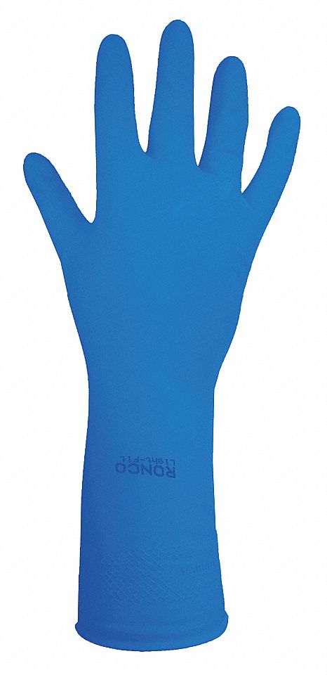 CHEMICAL-RESISTANT GLOVES, FLOCK-LINED, HONEYCOMB GRIP, SZ M/8, 12 IN L/16 MIL THICK, BL, LATEX