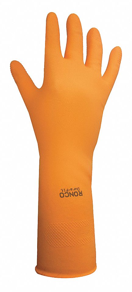 CHEMICAL-RESISTANT GLOVES, FLOCK-LINED, DIAMOND GRIP, SZ L/9, 13 IN L/18 MIL THICK, ORNG, LATEX