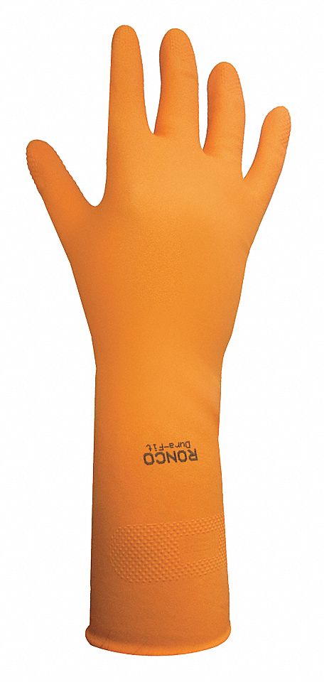 CHEMICAL-RESISTANT GLOVES, FLOCK-LINED, DIAMOND GRIP, SZ M/8, 13 IN L/18 MIL THICK, ORNG, LATEX