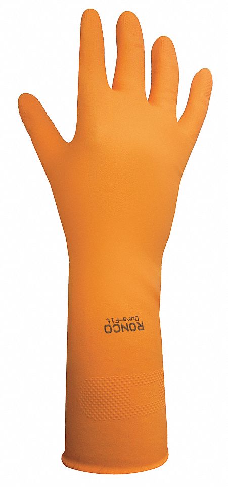 CHEMICAL-RESISTANT GLOVES, FLOCK-LINED, DIAMOND GRIP, SZ S/7, 13 IN L/18 MIL THICK, ORNG, LATEX