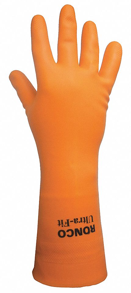 CHEMICAL-RESISTANT GLOVES, FLOCK-LINED, DIAMOND GRIP, SZ L/9, 12 IN L/33 MIL THICK, ORNG, LATEX