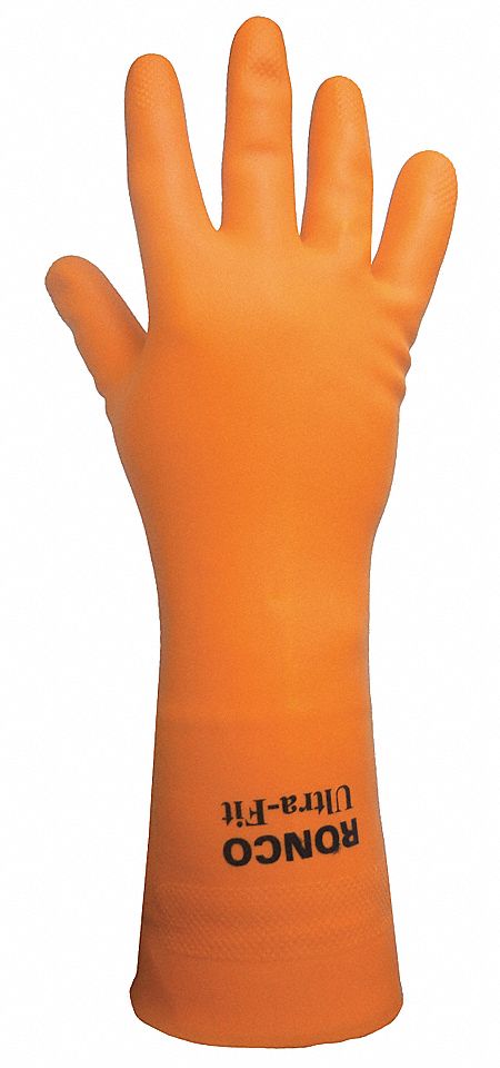 CHEMICAL-RESISTANT GLOVES, FLOCK-LINED, DIAMOND GRIP, SZ S/7, 12 IN L/33 MIL THICK, ORNG, LATEX