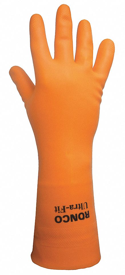 CHEMICAL-RESISTANT GLOVES, FLOCK-LINED, DIAMOND GRIP, SZ XL/10, 12 IN L/33 MIL THICK, ORNG, LATEX