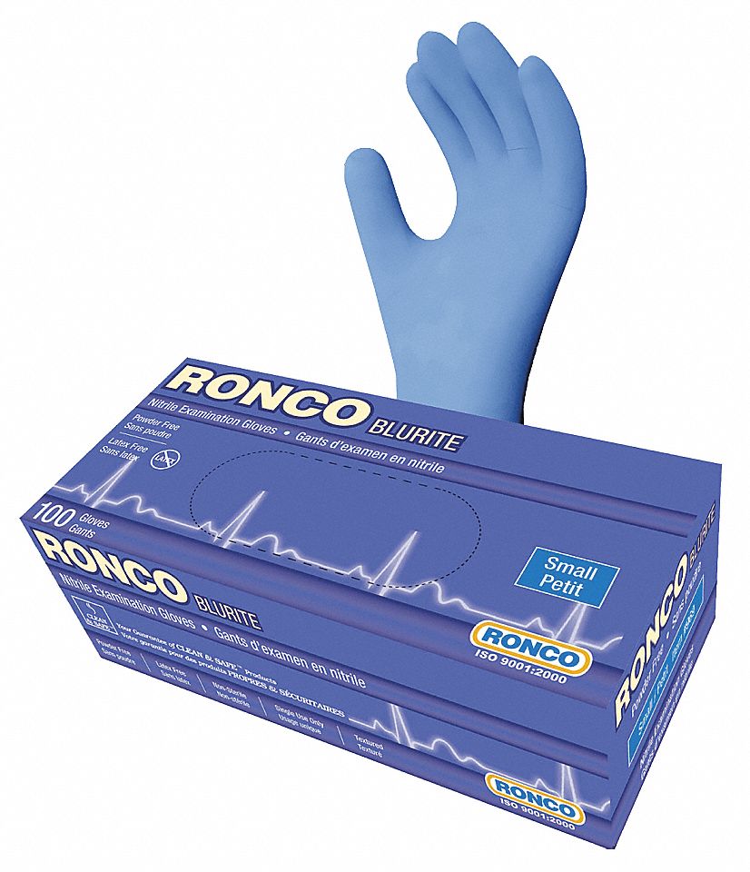 DISPOSABLE GLOVES, 9 1/2 IN L/4 MIL THICK, SIZE 7/S, BLUE, NITRILE, BX 100