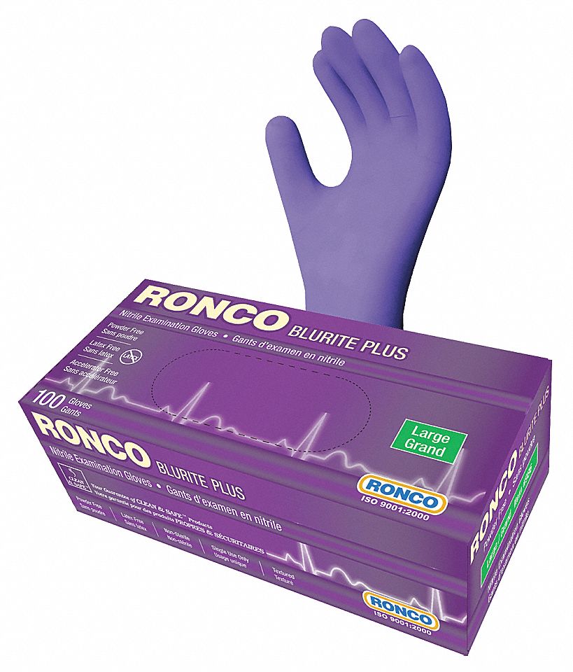 DISPOSABLE GLOVES, 9 1/2 IN L/4 MIL THICK, SIZE 9/L, DARK BLUE, NITRILE, BX 100