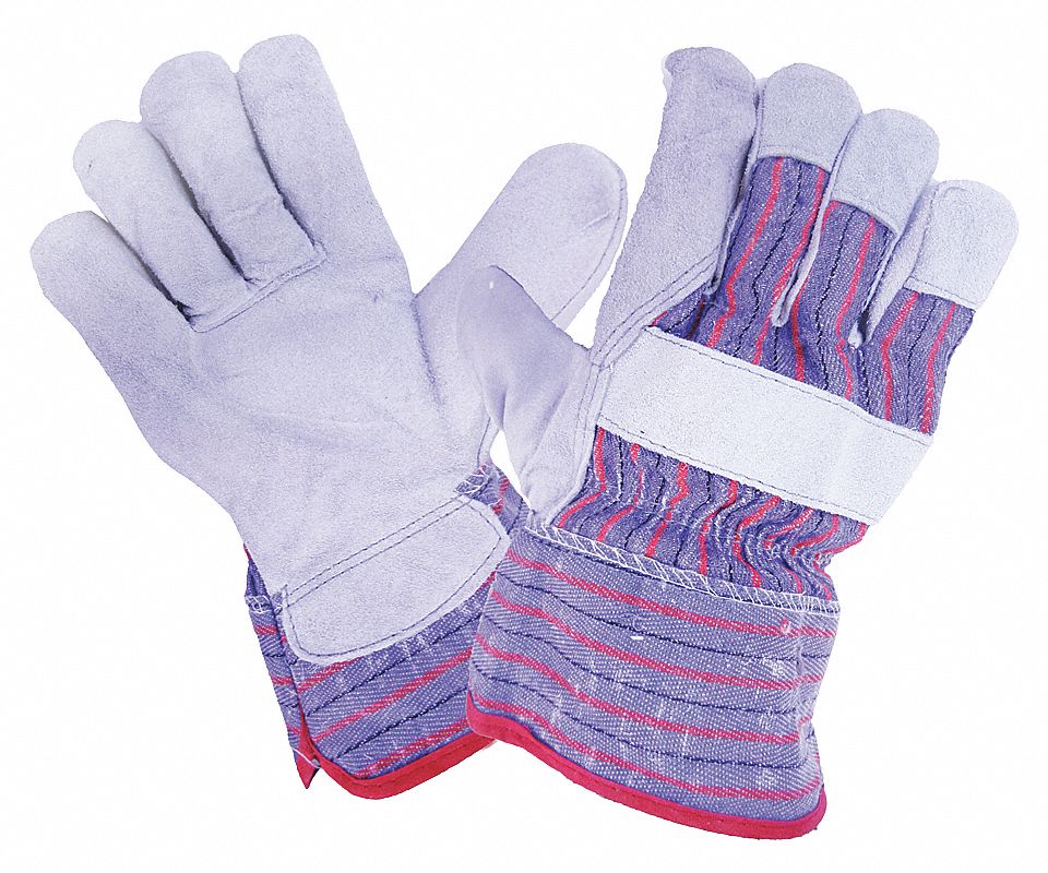 GLOVES, ROUGH FINISH/GUNN CUT/COLD-RESIST, 10 3/4 IN L, RED/BLUE, SPLIT LEATHER/FLEECE