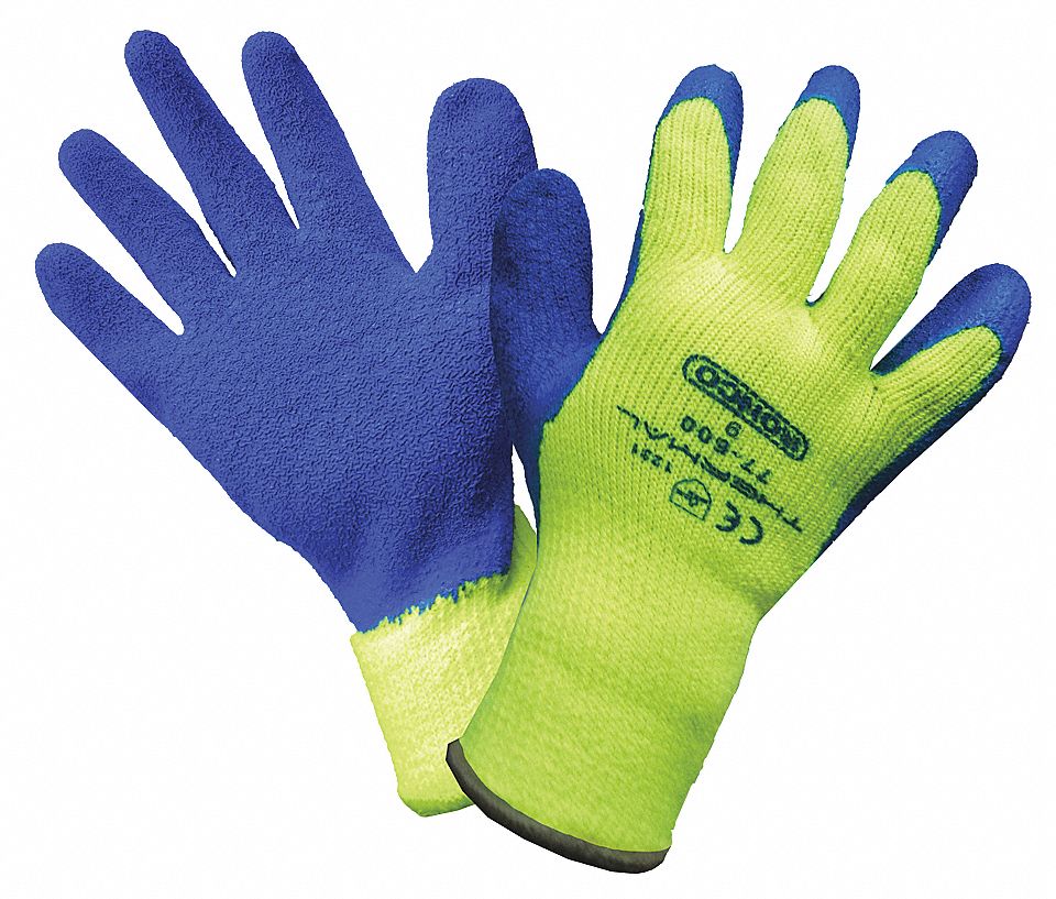 GLOVES, COLD RESIST/KNIT WRIST/CRINKLE, SZ LARGE/9/10.4 IN L, YELLOW/BLUE, ACRYLIC/LATEX/TERRY