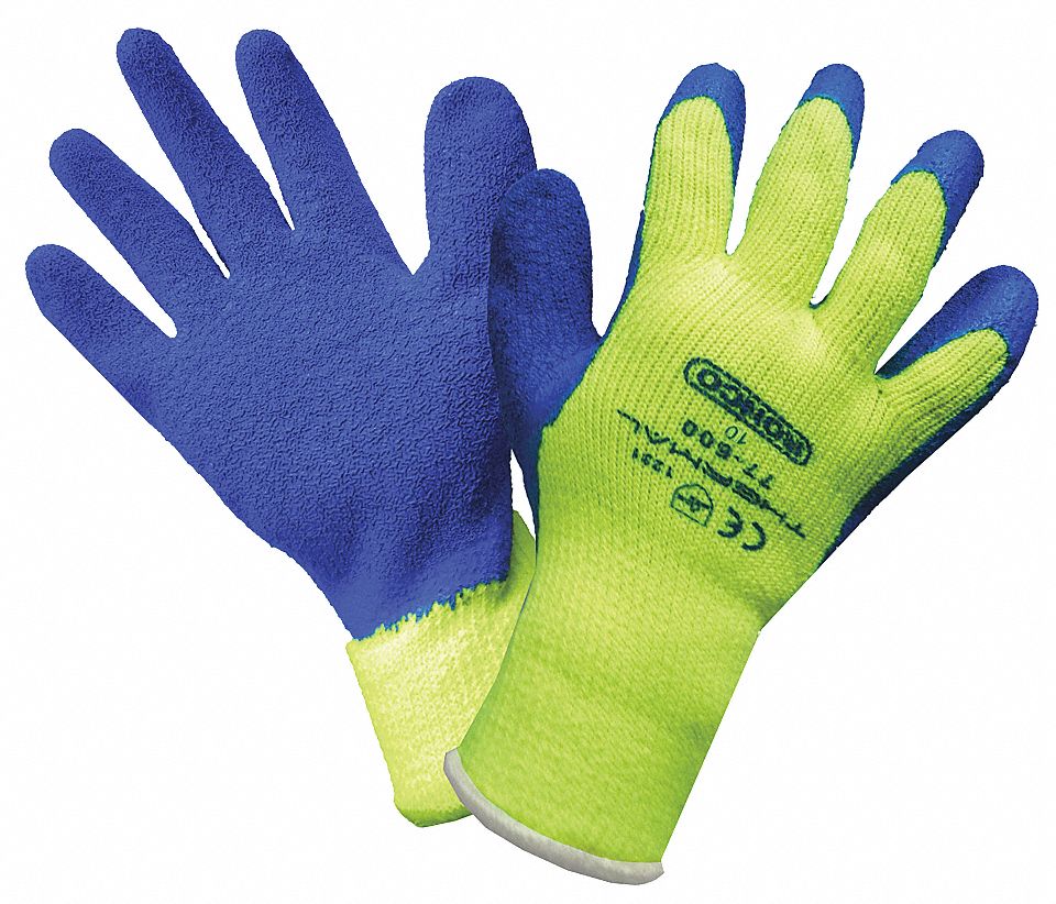 GLOVES, COLD RESIST/KNIT WRIST/CRINKLE, SZ X-LARGE/10/11.02 IN L, YELLOW/BLUE, ACRYLIC/LATEX/TERRY