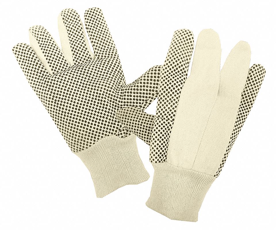 KNIT GLOVES, DOTS, WING THUMB, SIZE L, NATURAL, COTTON/PVC, PR