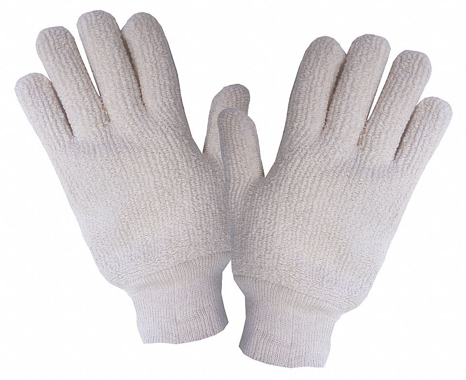 MENS GLOVES, HEAT-RESISTANT, AMBIDEXTROUS, KNIT WRIST, ONE SIZE, 9 1/2 IN, NATURAL, TERRY