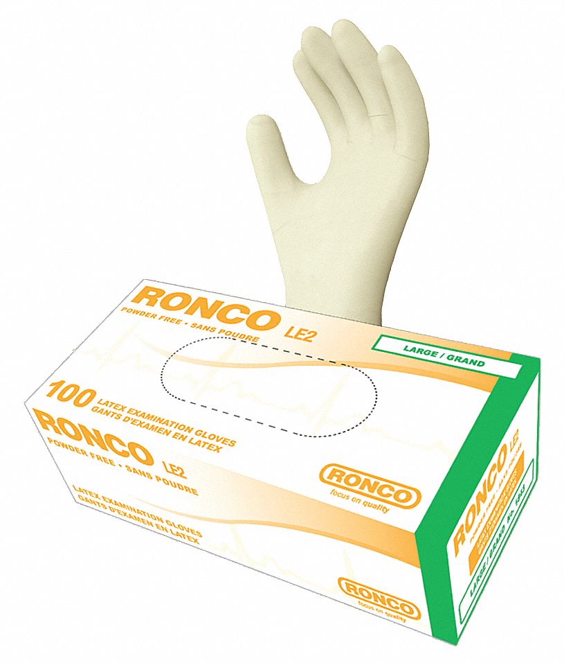 DISPOSABLE EXAM GLOVES, 9 1/2 IN L/4 MIL THICK, SIZE 9/L, TAN, LATEX, BX 100
