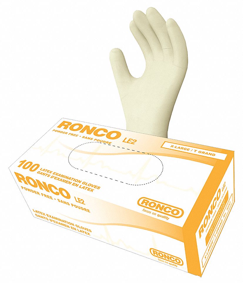 DISPOSABLE EXAM GLOVES, 9 1/2 IN L/4 MIL THICK, SIZE 10/XL, TAN, LATEX, BX 100