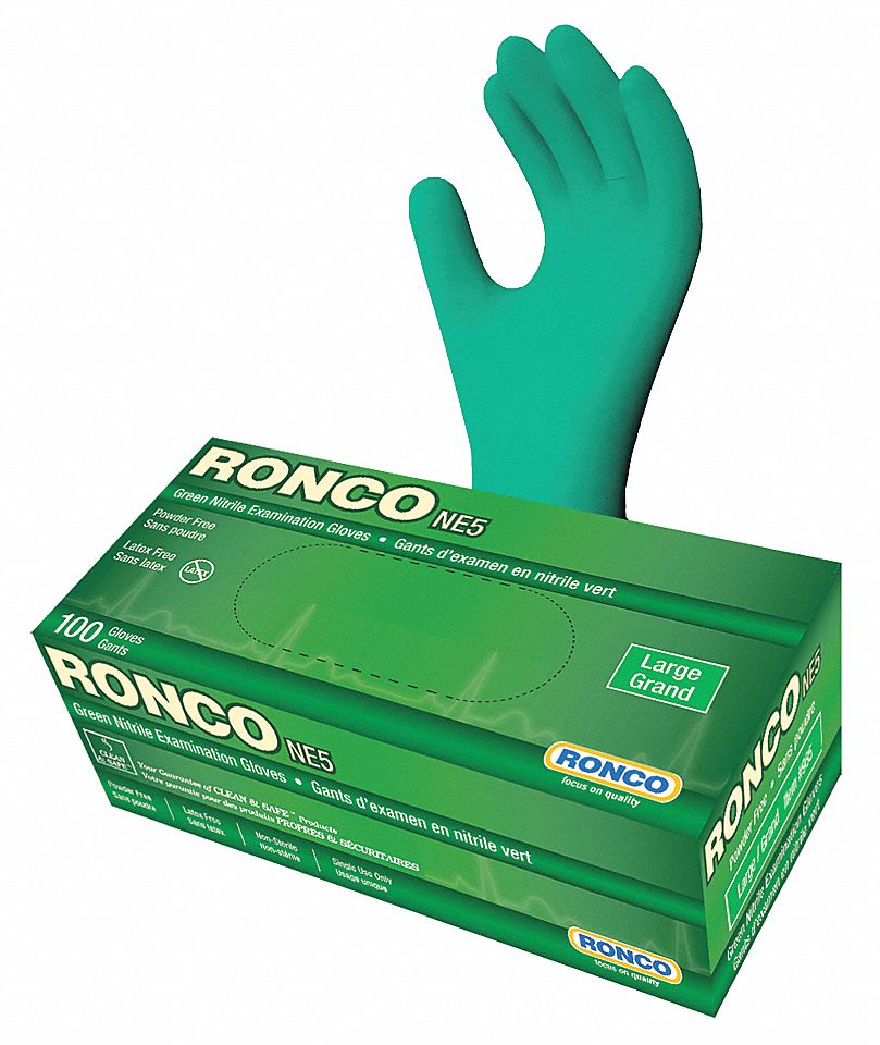 GANTS JETABLES, 9 1/2PO L/ÉPAISSEUR 5 MIL, TAILLE 9/G, VERT, NITRILE, BT 100